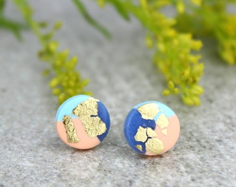Blush Blue & Gold Marble Studs: Handmade Marbled Polymer Clay Earrings With Crackled Gold Detail