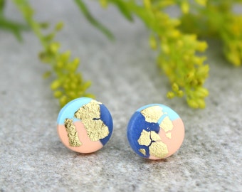 Blush and Blue marble studs, marble earrings, blush gold and blue earrings, gold leaf studs, gifts for her, letterbox gifts, Statement studs