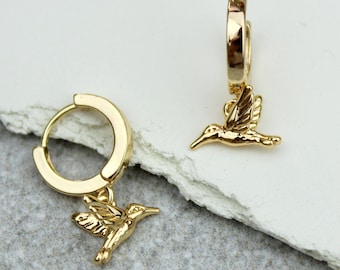 Gold Hummingbird Hoop Earrings: 18K Gold-Plated 12mm Huggies with Bird Charm, Mothers Day Gifts