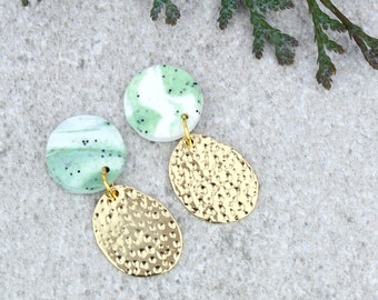 Green and Gold Statement Earrings, Green Marble Earrings, Green and Gold Dangly Earrings, Hammered Gold Coin Drop Earrings, Letterbox gifts