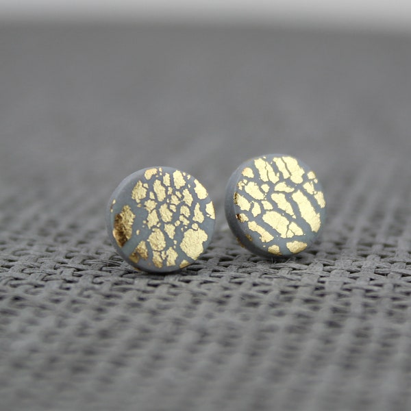 Grey and Gold Leaf Studs, Concrete Grey Earrings, Gold Leaf Earrings, Statement Stud Earrings, Letterbox Gifts, Concrete Grey Stud Earrings