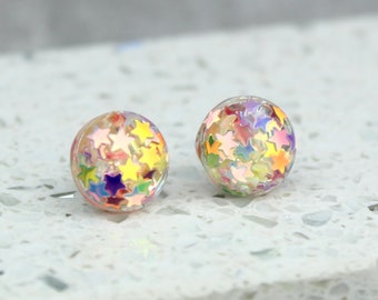 Iridescent Star Resin Stud Earrings: Sparkly Multicoloured Celestial Inspired Studs, Birthday Gifts Her