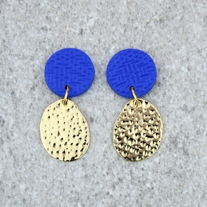 Cobalt Blue and Gold Statement Earrings, Cobalt Dangly Earrings, Hammered Gold Coin Earrings, Cobalt Drop Earrings, Blue Geometric Earrings