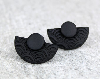 Black Art Deco Earrings: Matte Textured Semicircle Studs, Sterling Silver