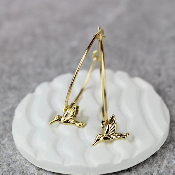 Hummingbird Earrings, Gold Hummingbird Earrings, Gold Bird Earrings, Bird Earrings, Gold Hoop Earrings, Spring Birthday Gifts, Gold Birds