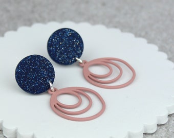 Pink and Navy Geometric Earrings, Dusty Pink and Navy Drop Studs, Dusty Pink and Navy Earrings, Lightweight Earrings, Geometric Earrings
