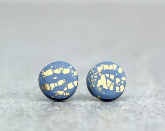 Denim and Gold Leaf Studs, Blue and Gold studs, Gold Leaf earrings, Gold flake earrings, Statement earrings, Blue Studs, Letterbox gifts