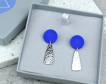 Cobalt Blue and Silver Dangly Earrings, Cobalt Earrings, Hammered Silver Earrings, Blue and Silver Earrings, Letterbox gifts, Blue earrings