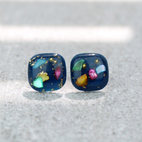 Navy Resin Earrings, Shiny Navy Earrings, Navy earrings with multicoloured shell pieces, Resin earrings, Navy Statement earrings, Navy studs