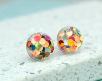 Multicoloured Glitter Resin Earrings, Confetti Earrings, Iridescent Resin Studs, Multicoloured Dot Studs, Sparkly Studs, Christmas Studs