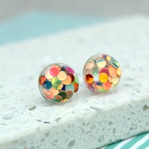 Multicoloured Glitter Resin Earrings, Confetti Earrings, Iridescent Resin Studs, Multicoloured Dot Studs, Sparkly Studs, Glitter Studs