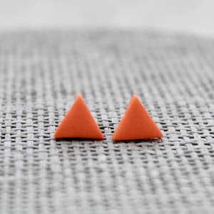 May include: A pair of small, coral-coloured triangle earrings. The earrings are made of a smooth, matte material and are simple and modern in style.