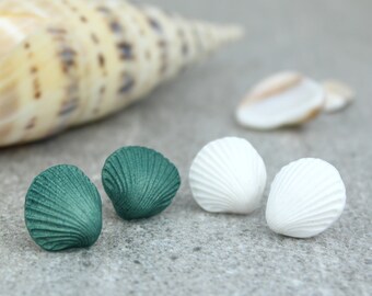 Cockle Shell Earrings: White or Teal Shells, Lightweight Ocean Inspired Studs, Sterling Silver