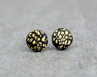 Black and Gold Studs, Black and Gold Leaf Earrings, Black and Gold Leaf Studs, Gold Leaf Earrings, Gold Flake Studs, Black and Gold Earrings