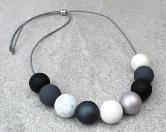 Black & White Bead Statement Necklace: Adjustable Length, Lightweight Chunky Monochrome Beads