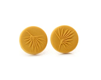 Ochre Palm Leaf Earrings: Textured Botanical Impression Studs In Mustard Yellow, Sterling Silver
