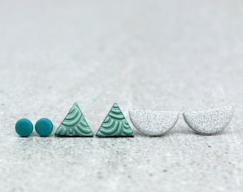 Teal & Silver Glitter Studs Gift Pack: 3 Pairs Geometric Textured Earrings, Birthday Gift Sets