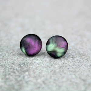 Iridescent Black Resin Moonstone Stud Earrings: Colour-Shift Celestial Studs, Sterling Silver