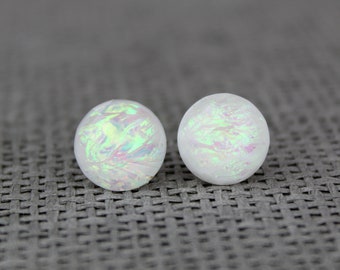 White Opal Resin Stud Earrings, Iridescent Colour-Shift Studs, Sterling Silver, Mothers Day Gifts