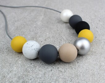 Mustard Yellow, Black and Coffee, Statement Bead necklace, Chunky bead necklace, Ochre and Grey necklace, Mustard Yellow Bead necklace