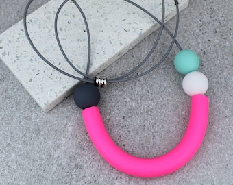 Neon pink statement necklace, Geometric curve necklace, fluorescent pink necklace, neon pink curve necklace, adjustable slide clasp necklace
