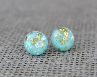 Pastel Blue and Gold Earrings, Blue Resin earrings, Blue and Gold Earrings, Sparkly Resin studs, Blue and Gold Leaf studs, Letterbox Gifts