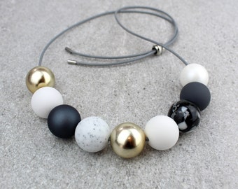 White and Gold Bead Necklace, Monochrome Bead Necklace, Black and White Bead necklace, Statement Bead Necklace, Lightweight Bead necklace