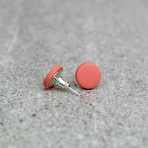 Coral pink earrings, peach pink studs, minimalist studs, dot studs, peach earrings, everyday studs, Coral studs, Spring birthday gifts her