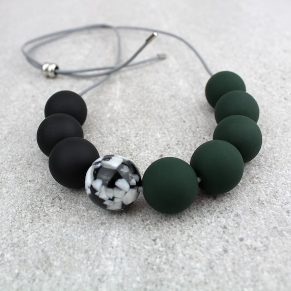 Dark Green and Black Bead Necklace Forest Green Necklace Dark