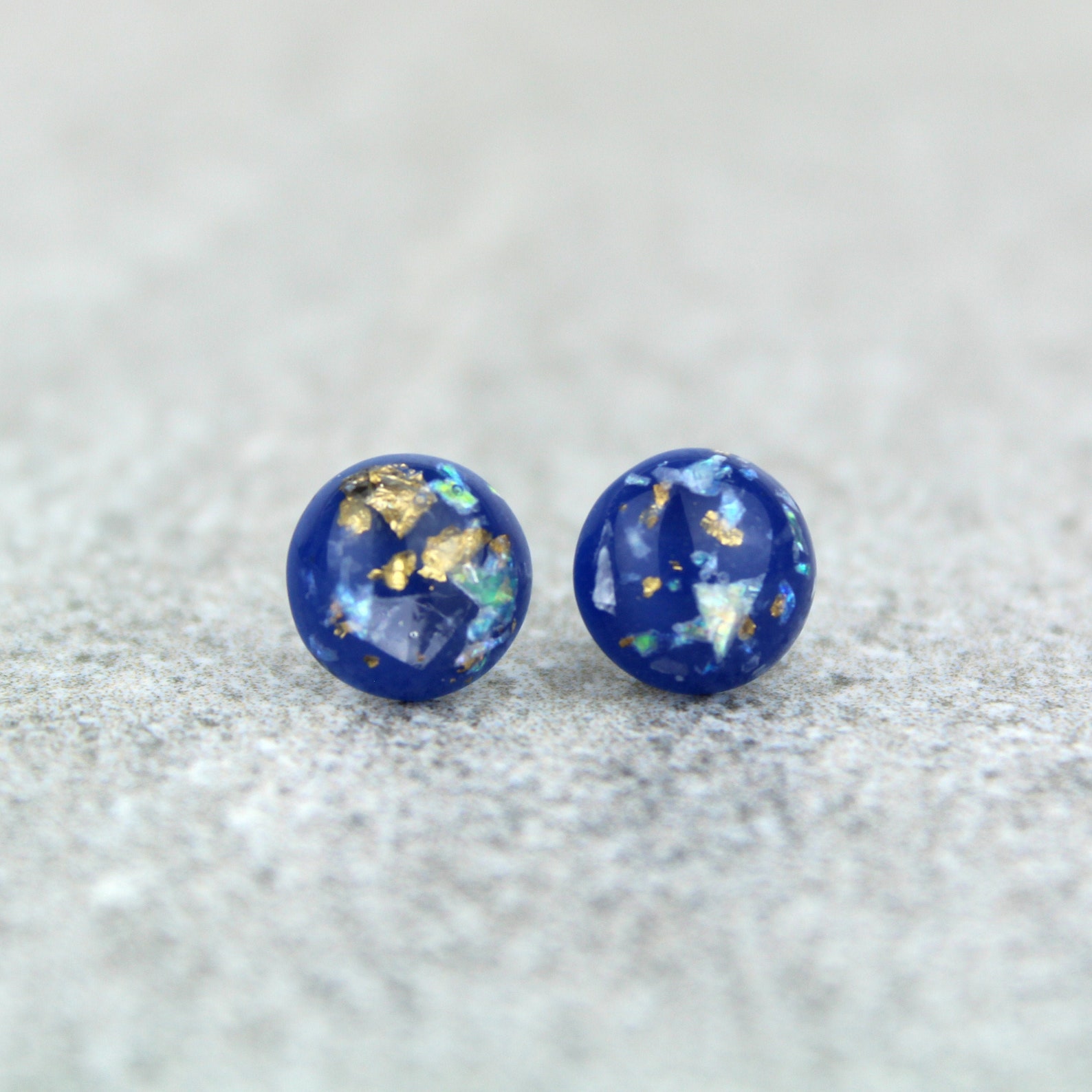 Royal Blue Studs Blue and Gold Resin Studs Gold Flake Studs Etsy