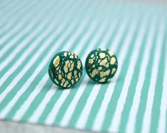 Forest Green & Gold Stud Earrings: Handmade Polymer Clay Studs With Gold Leaf Crackle Detail