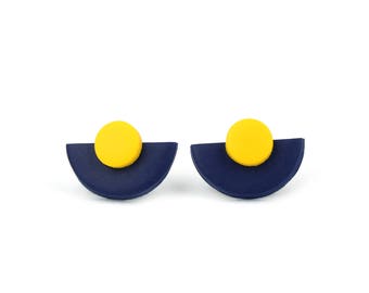 Navy and Mustard Yellow Art Deco Earrings: Geometric Inspired Two Colour Semicircle Studs