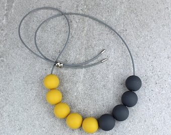 Ochre and Grey Statement Necklace, Ochre Necklace, Mustard and Grey Bead Necklace, Chunky Bead Necklace, Adjustable Length Bead Necklace