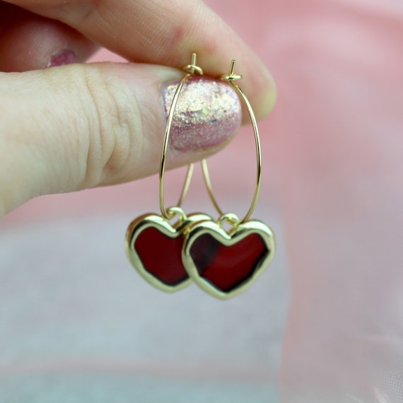 Red Heart Earrings. Valentines Earrings. Love Earrings. Gold Hoops