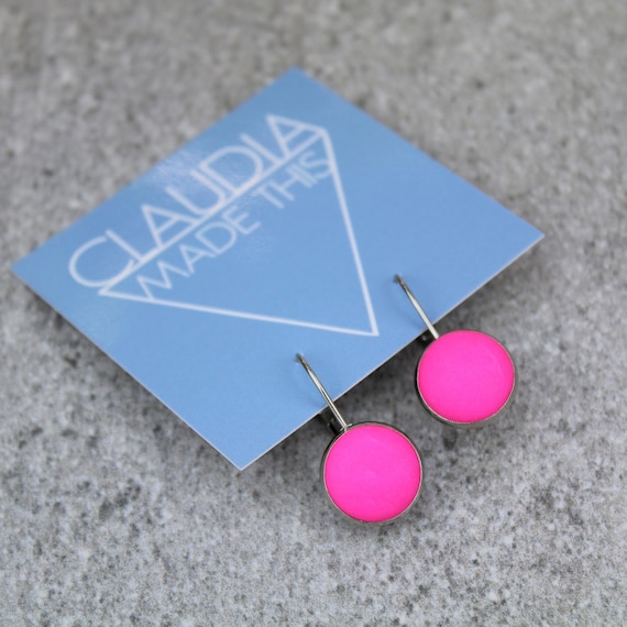 Neon Pink Lever Back Earrings: Platinum Plated Drops, Handmade Fluorescent Pink Cabochon, Festival Jewellery