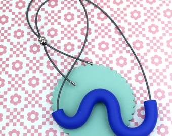 Cobalt Blue Statement Wiggle Necklace: Handmade Memphis Inspired Wave Design Necklace