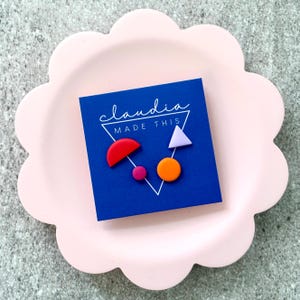 Mismatched Geometric Studs Set: Red, Pink, Orange, Lilac, Mix and Match Earrings, Quirky Gifts