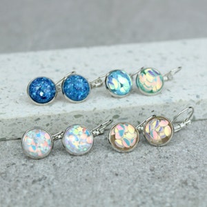 Iridescent Lever Back Earrings, Glitter Lever Back Earrings, Iridescent Earrings, Platinum plated lever back earrings, Sparkly Drop Earrings