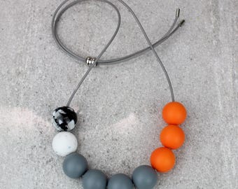 Orange Grey Bead Necklace: Chunky Adjustable Sliding Clasp Statement Jewellery