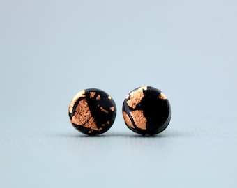 Black & Copper Leaf Stud Earrings: Handmade Polymer Clay Studs, Copper Crackle Detail, Anniversary Gift