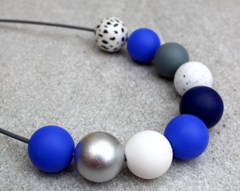 Cobalt Bead Statement Necklace: Chunky Blue Adjustable Necklace, Sliding Clasp, Leather Cord