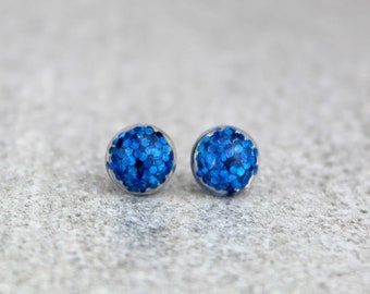 Cobalt Blue Resin Earrings, Cobalt Glitter Earrings, Cobalt Blue Studs, Cobalt Earrings, Resin Earrings, Glitter Studs, Everyday Earrings