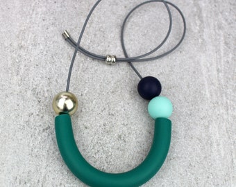 Emerald Green Statement Curve Necklace: Geometric Polymer Clay Bib, Summer Birthday Gifts
