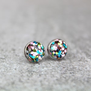 Rainbow Glitter Resin Studs: Sparkly Party Earrings, Mothers Day Gifts