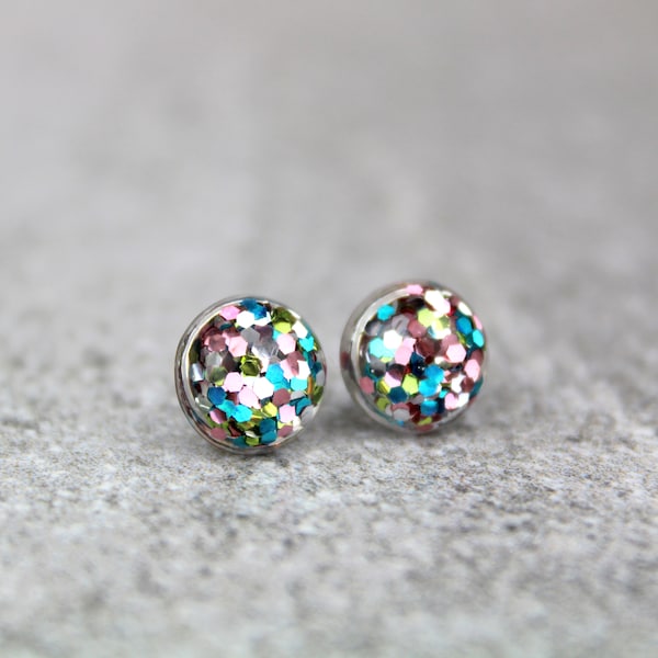 Multicoloured Glitter Resin Studs, Letterbox gifts, Glitter Studs, Party Glitter Earrings, Sparkly Stud Earrings, Rainbow Glitter Studs