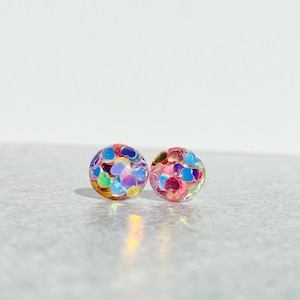 Multicoloured Glitter Resin Earrings: Iridescent Confetti Dots, Rainbow Sparkly Studs, Birthday Gifts Her
