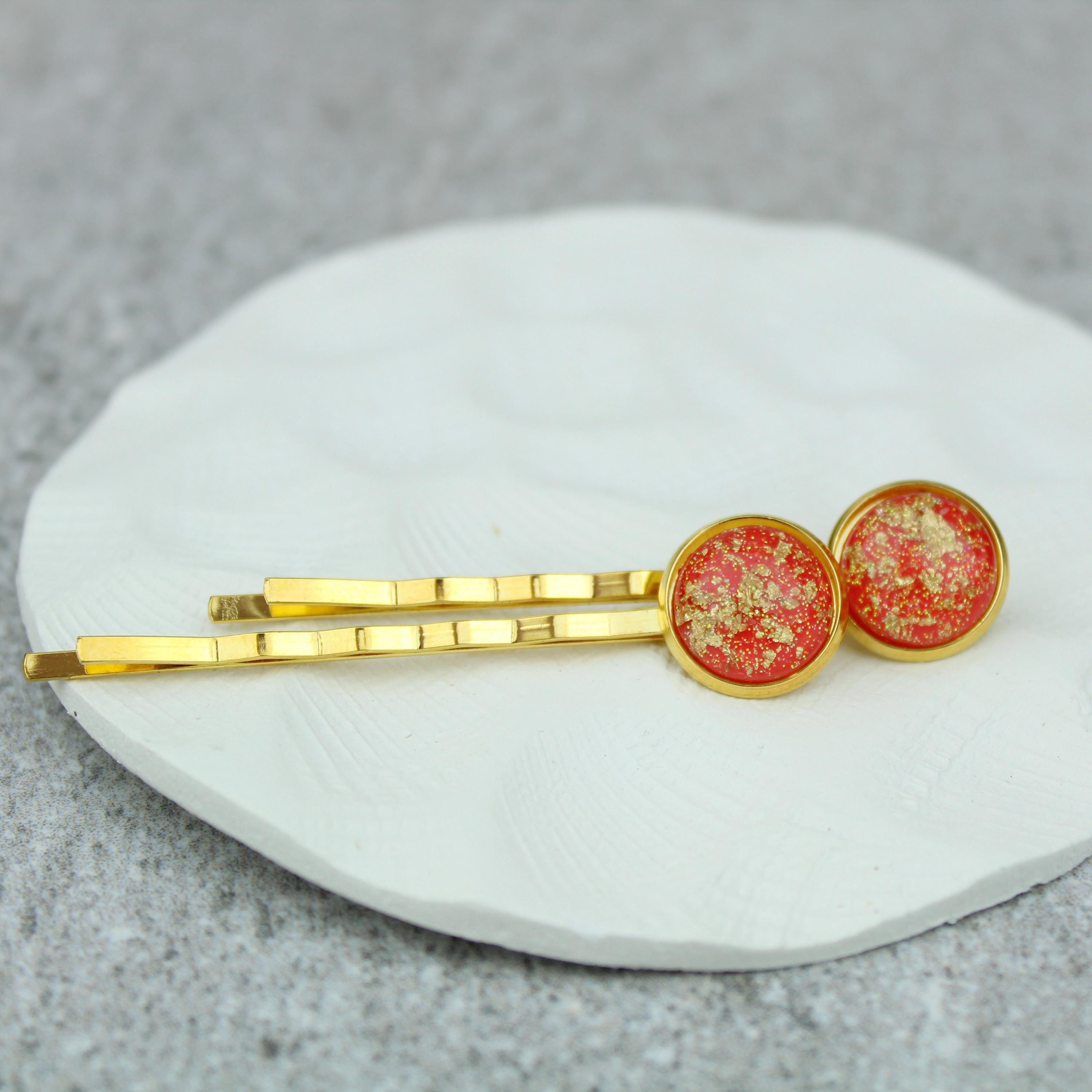 Piper + Leaf Festive Hair Clip Set - Red and Gold Red & Gold Fabric Hair Pins: Holiday Bobby Pins - Set of 2  main image 3