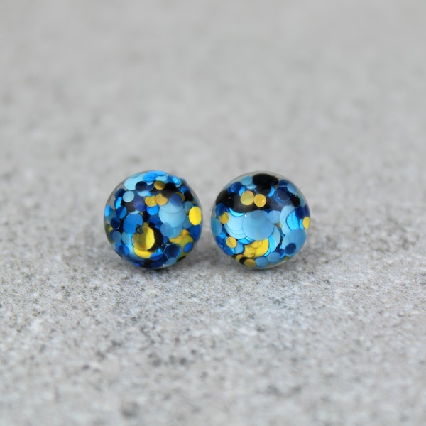 Blue and Gold Resin Earrings, Sequin Earrings, Blue Resin Earrings, Blue and Gold Resin studs, Metallic resin earrings, Statement Studs