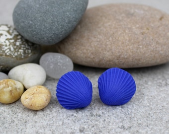 Cobalt Blue Cockle Shell Earrings: Coastal Inspired Handmade Polymer Clay Studs, Sterling Silver