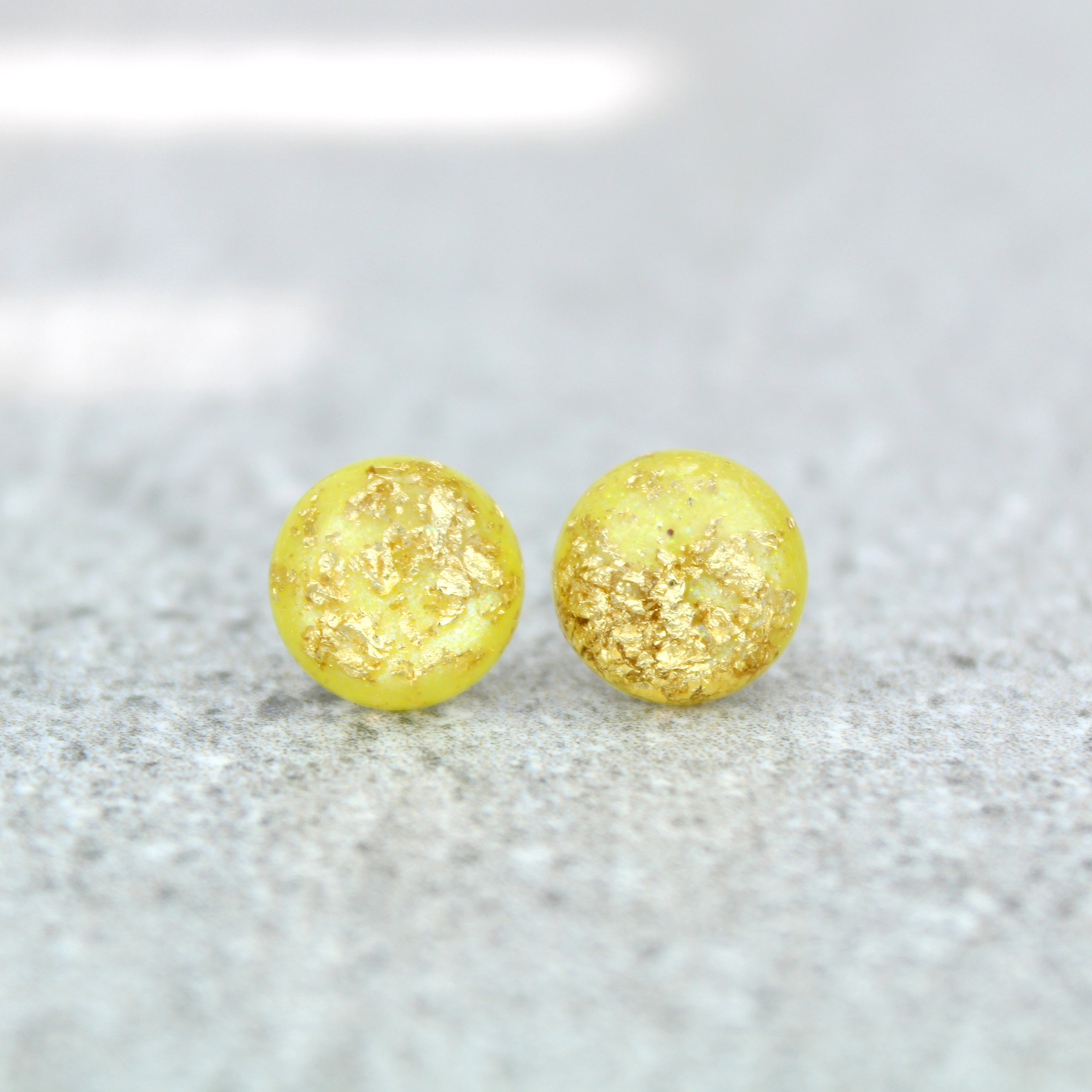 Lemon Resin Stud Earrings: Pastel Yellow Gold Leaf Flake Studs